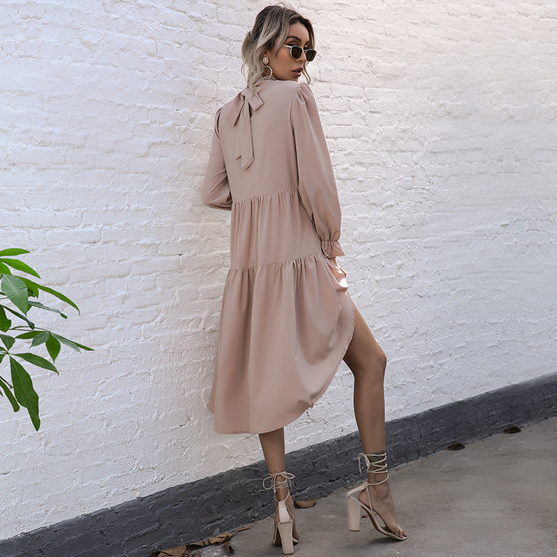 Dame Elegant asymmetrisk midi-kjole med ruffles og ståkrave Stilla