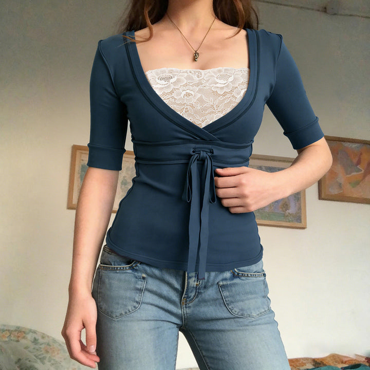Damer wrap top med elegant sløjfe og dyb V-udskæring Skovae