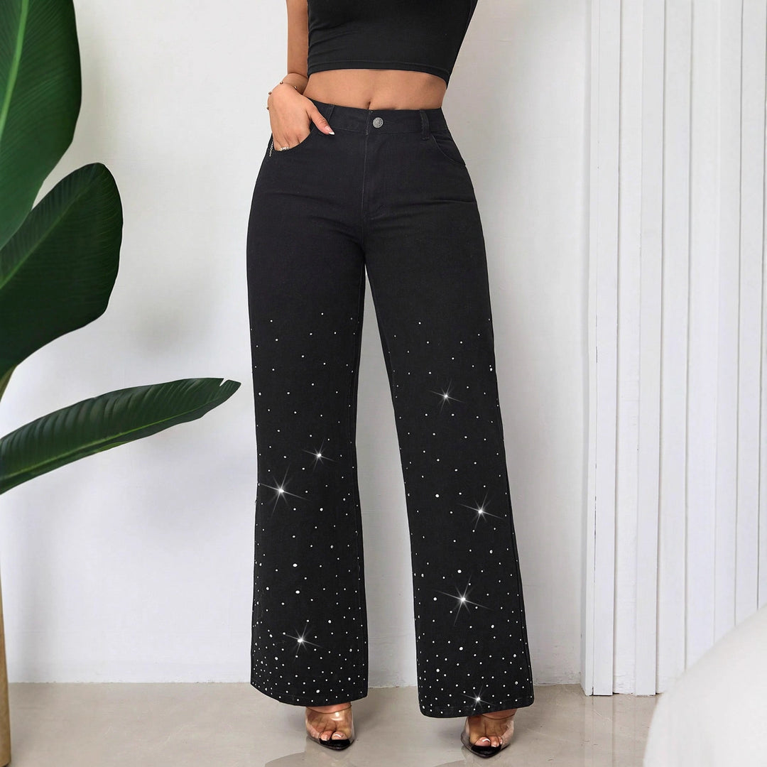 Damer Høj talje Jeans med glitrende rhinsten dekoration og bred pasform Stilla