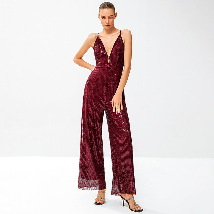 Dame Glamourøs Jumpsuit med funklende Pailletter og dyb V-udskæring Stilla