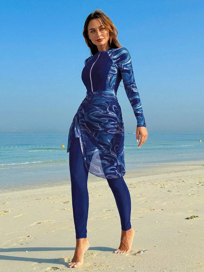 Dame Sporty Langærmet Badedragt med Integreret Wrap Skirt Skovae