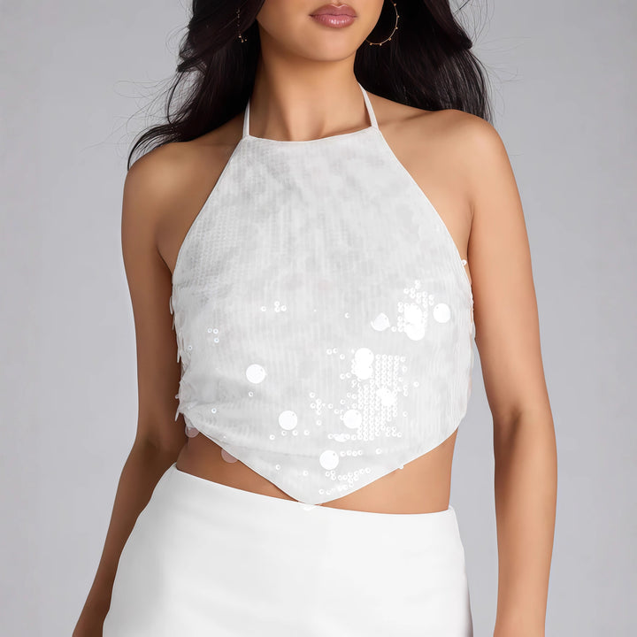 Dame glitrende halterneck top med glitrende pailletter og elegant snit
