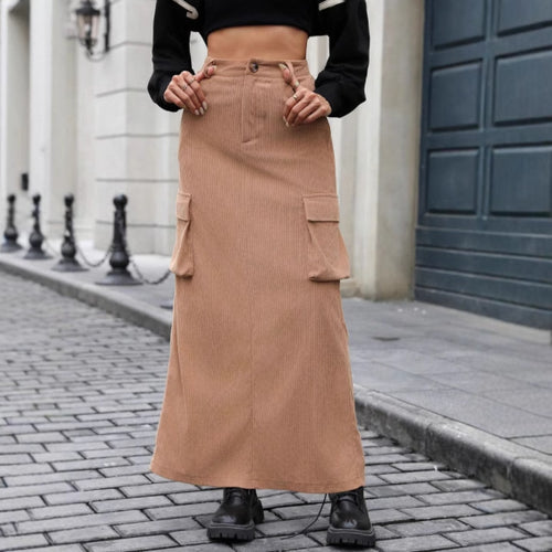 Dame cargo midi nederdel med sidelommer og elastisk talje Stilla