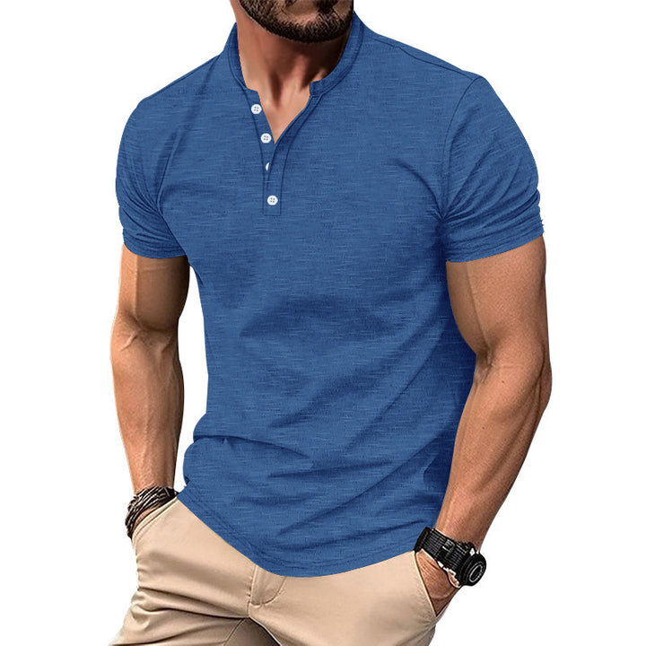 Herre kortærmet Henley T-shirt med dekorative knapdetaljer og glat overflade Stilla