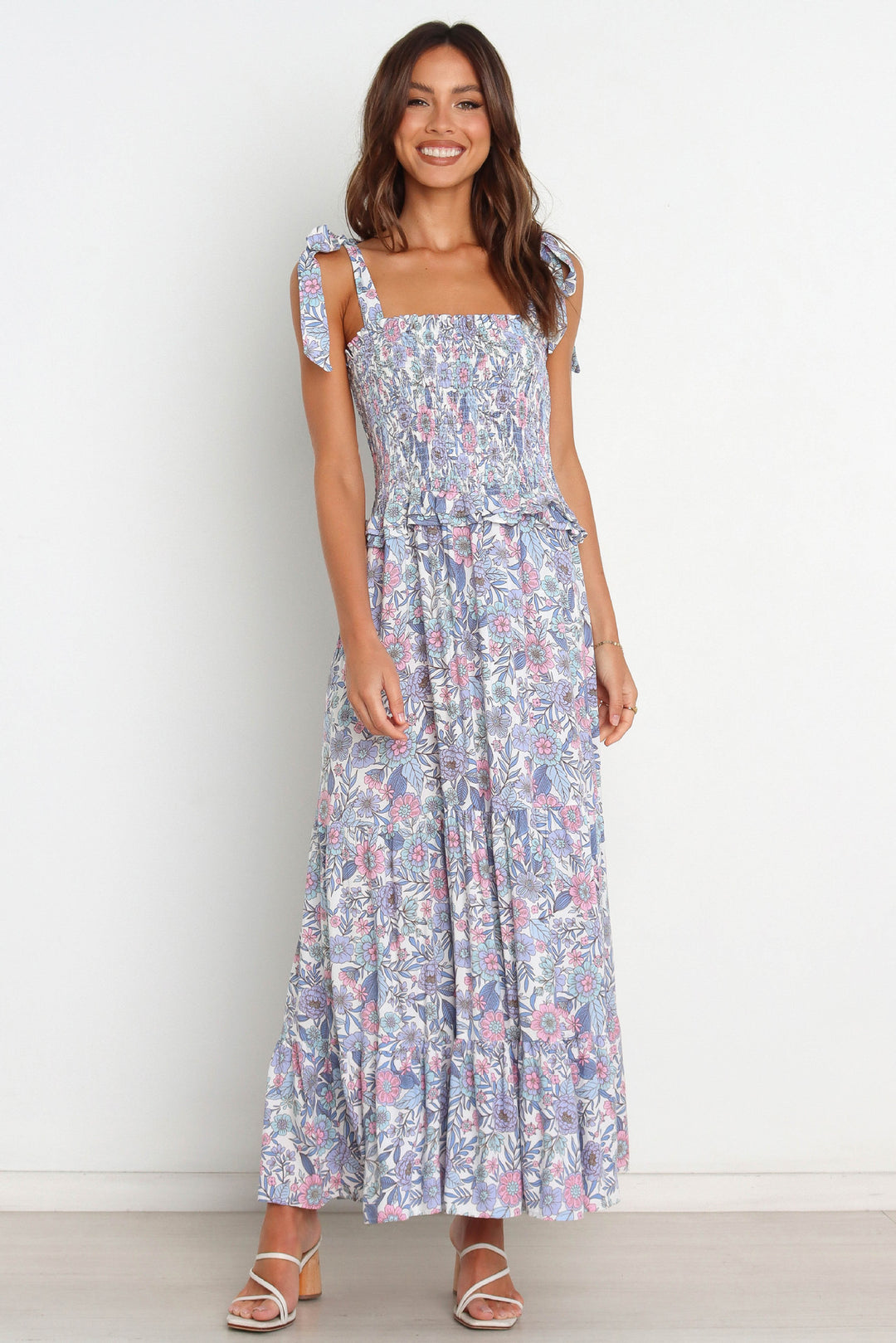 Frau Bohemian Floral Maxi Kjole med justerbare bånd Stilla