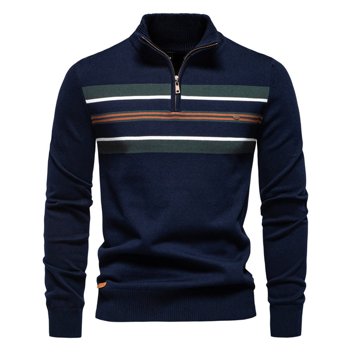 Herre sweater med ståkrave og sporty stribemønster Stilla