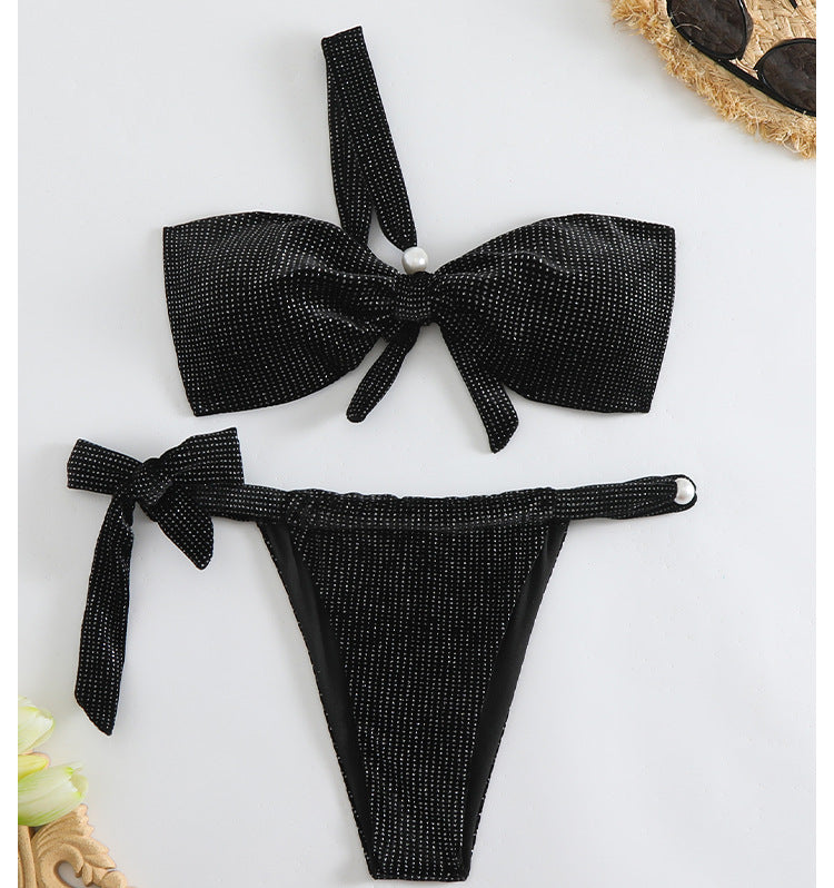 Dame Bandeau-Bikini-sæt med skinnende detalje og legesyge slips Stilla