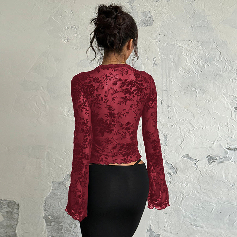 Dame Gennemsigtig Blonde top med blomstret design Skovae