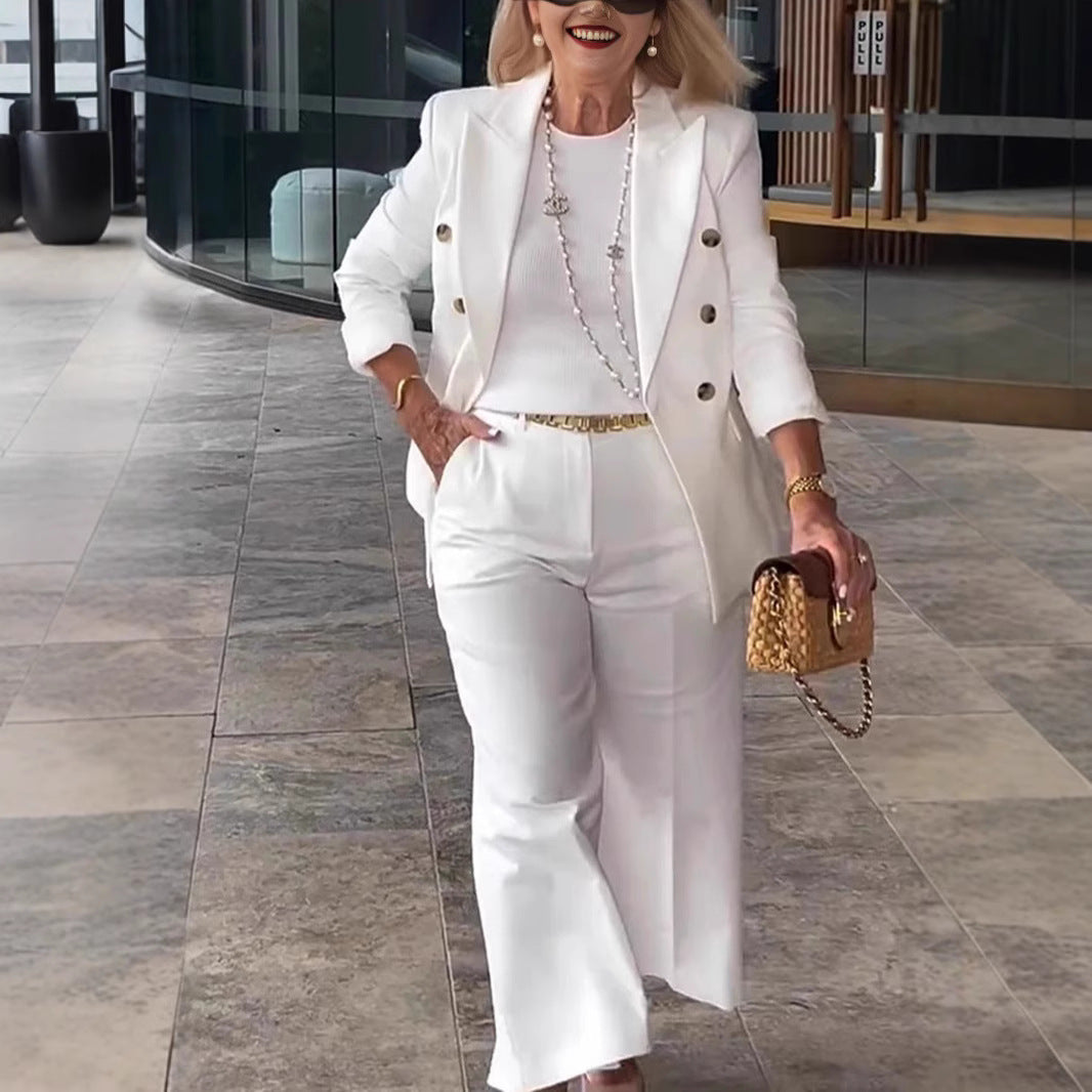 Damer Elegant Blazer- og Bukser-Sæt med dobbelt knaplukning og bredt ben Stilla