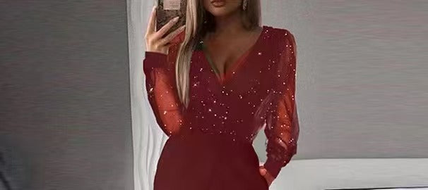 Damer Elegant Jumpsuit med gennemsigtige ærmer og glitrende detaljer Skovae