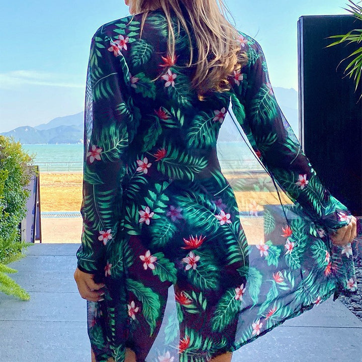 Dame Bikini sæt med blomsterdesign og bredt cover-up Skovae