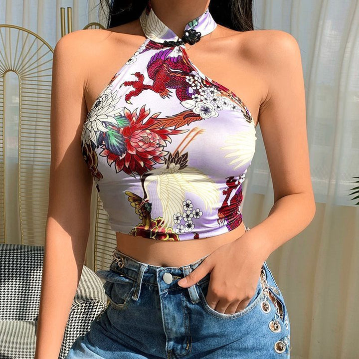 Dame Halter Neck Croptop med floral tryk Stilla