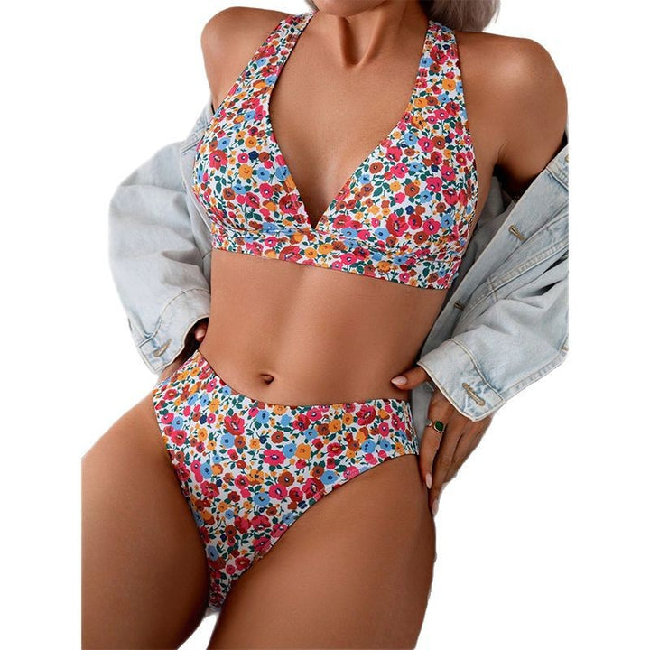 Dame triangel-bikini med blomstret design og højt skåret snit Skovae