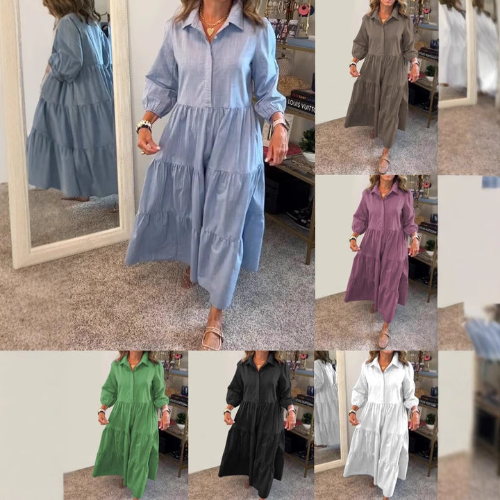 Dame Langærmet Skjortekjole med voluminøse Ruffles Detaljer Stilla