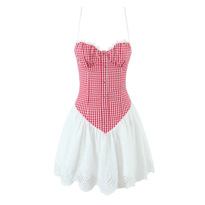 Dame fritidkjole med ruffles detaljer og ternet overdel Stilla