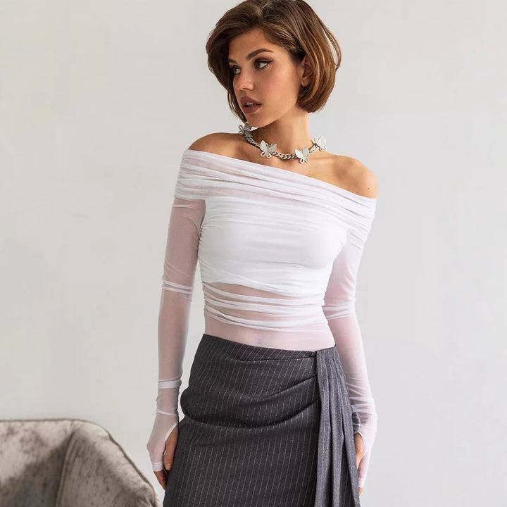 Dame Offshoulder Langærmet Top i transparentt netmateriale Skovae