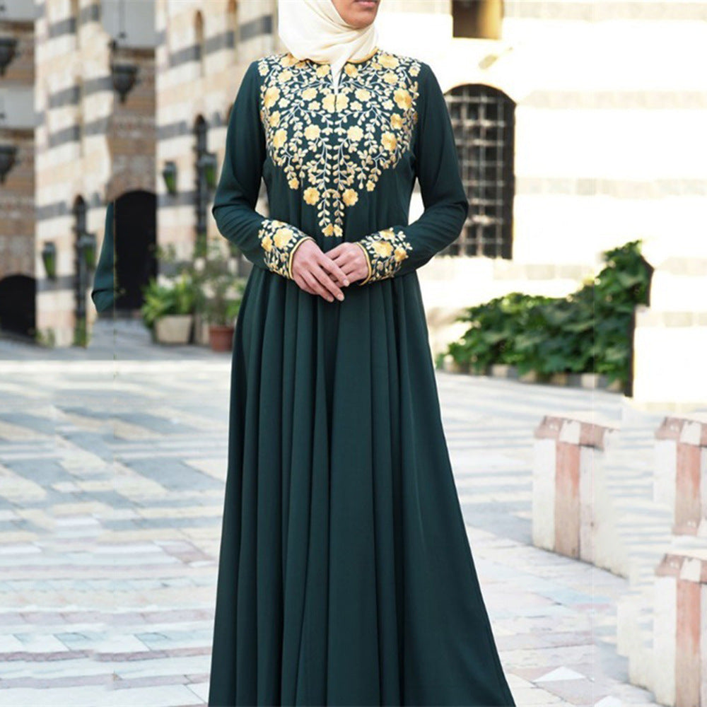 Dame Elegant Langærmet Kjole med Floral Broderi og Svingende Nederdel Stilla