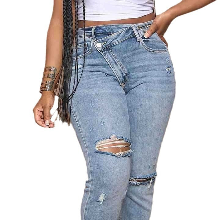Dame høje boyfriend jeans med revnede kanter og et afslappet slidt udseende Skovae