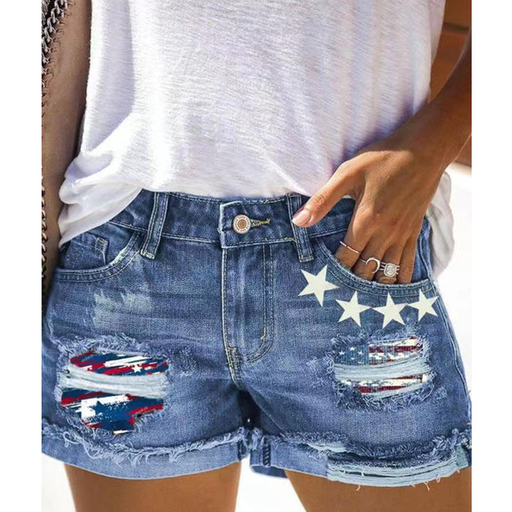 Dame Modische Destroyed Shorts med patriotisk motiv Stilla