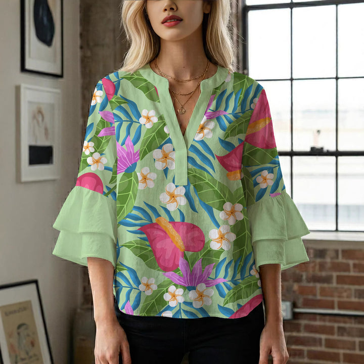 Damebluse med voluminøse flæseærmer og blomstermønster Skovae