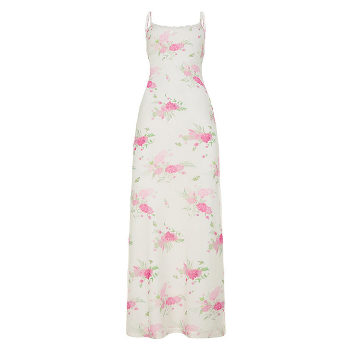 Dame maxikjole med floral design og elegante spaghetti stropper Skovae