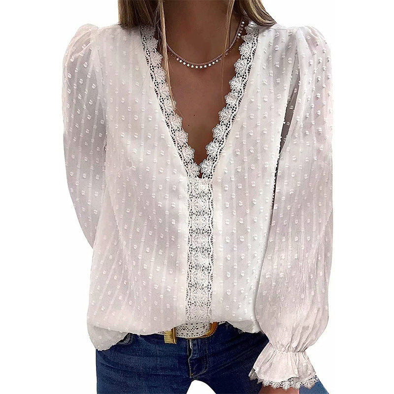 Dame Elegant Bluse med Spidsdetaljer og Pufærmer Stilla