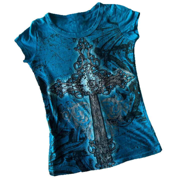 Dame T-shirt med grafisk korstryk og glitrende accenter Skovae