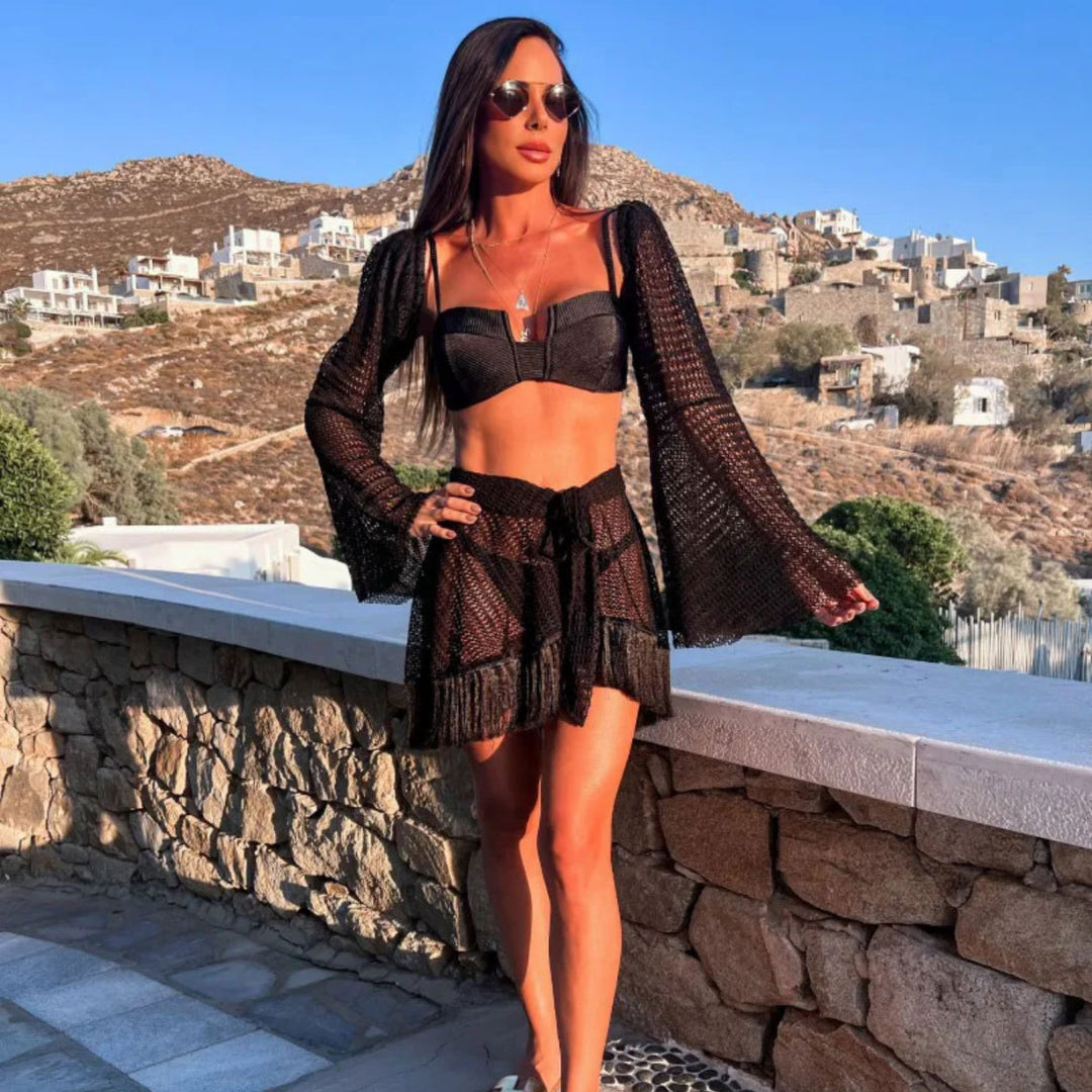 Dame bikini-sæt med elegant netlook og frynset nederdel Stilla