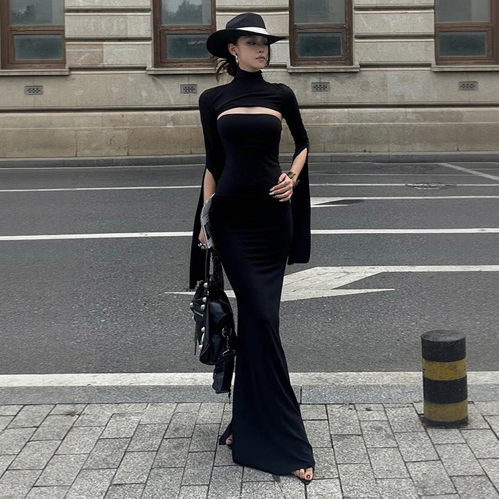 Kvinders maxikjole med asymmetrisk udskæring og elegante pufærmer Stilla