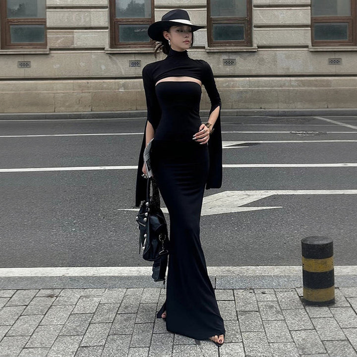 Kvinders maxikjole med asymmetrisk udskæring og elegante pufærmer Stilla