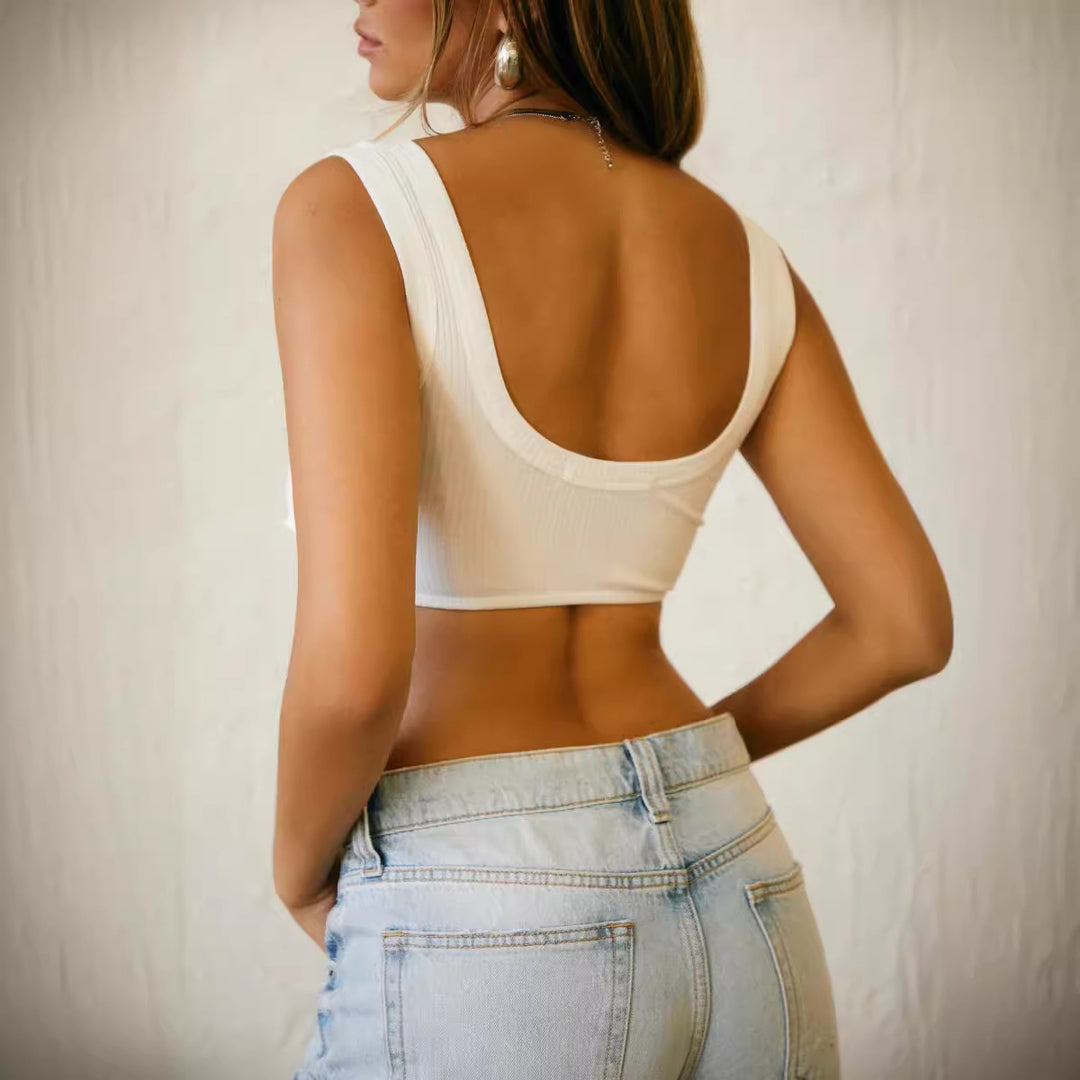 Dame crop-top med dekorativ knude og struktureret design Skovae