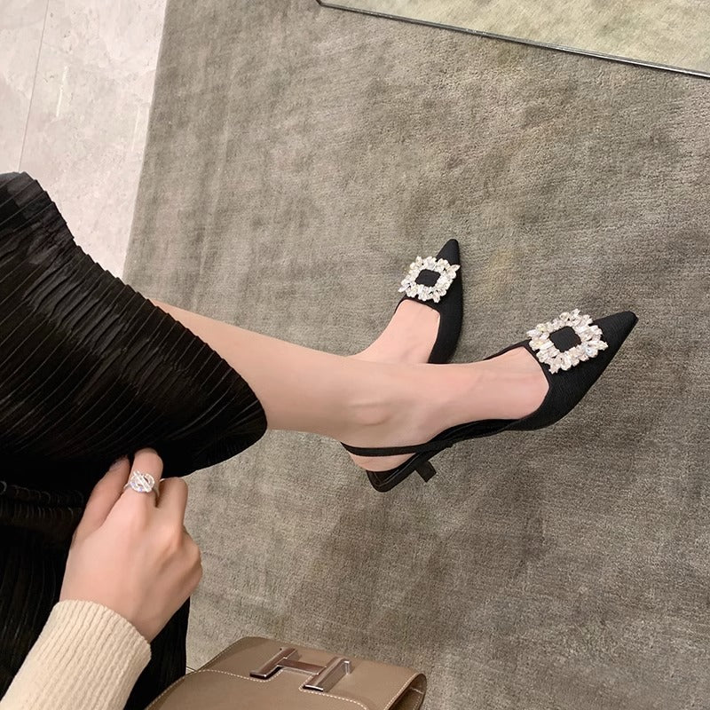 Dame Elegant Spids-Tå Slingback-Hæle med Strass-Accenter Stilla