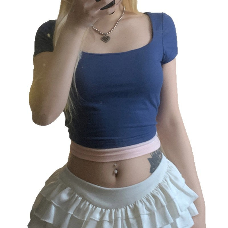 Damen cropped Oberteil mit elegantem quadratischen Ausschnitt und kontrastierendem Saum Skovae