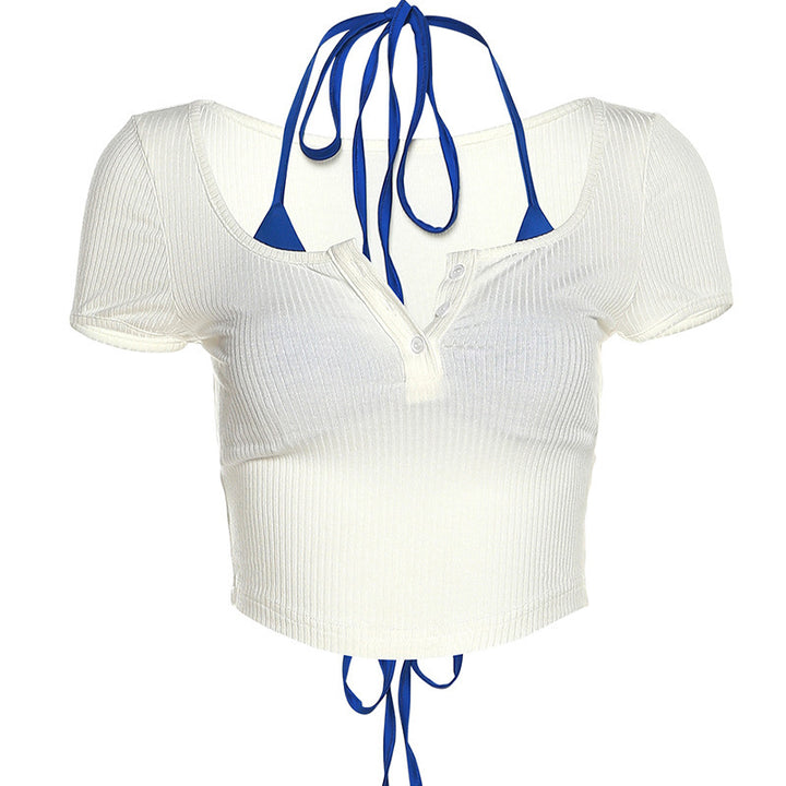 Dame Crop-Top med legende rygsnøredesign og moderne stribestrik Stilla
