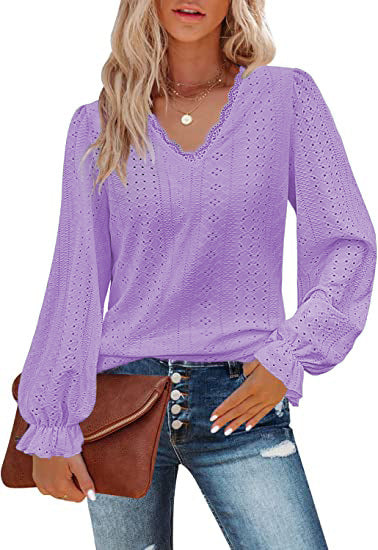 Dame elegant bluse med flæse detaljer og V-udskæring Stilla