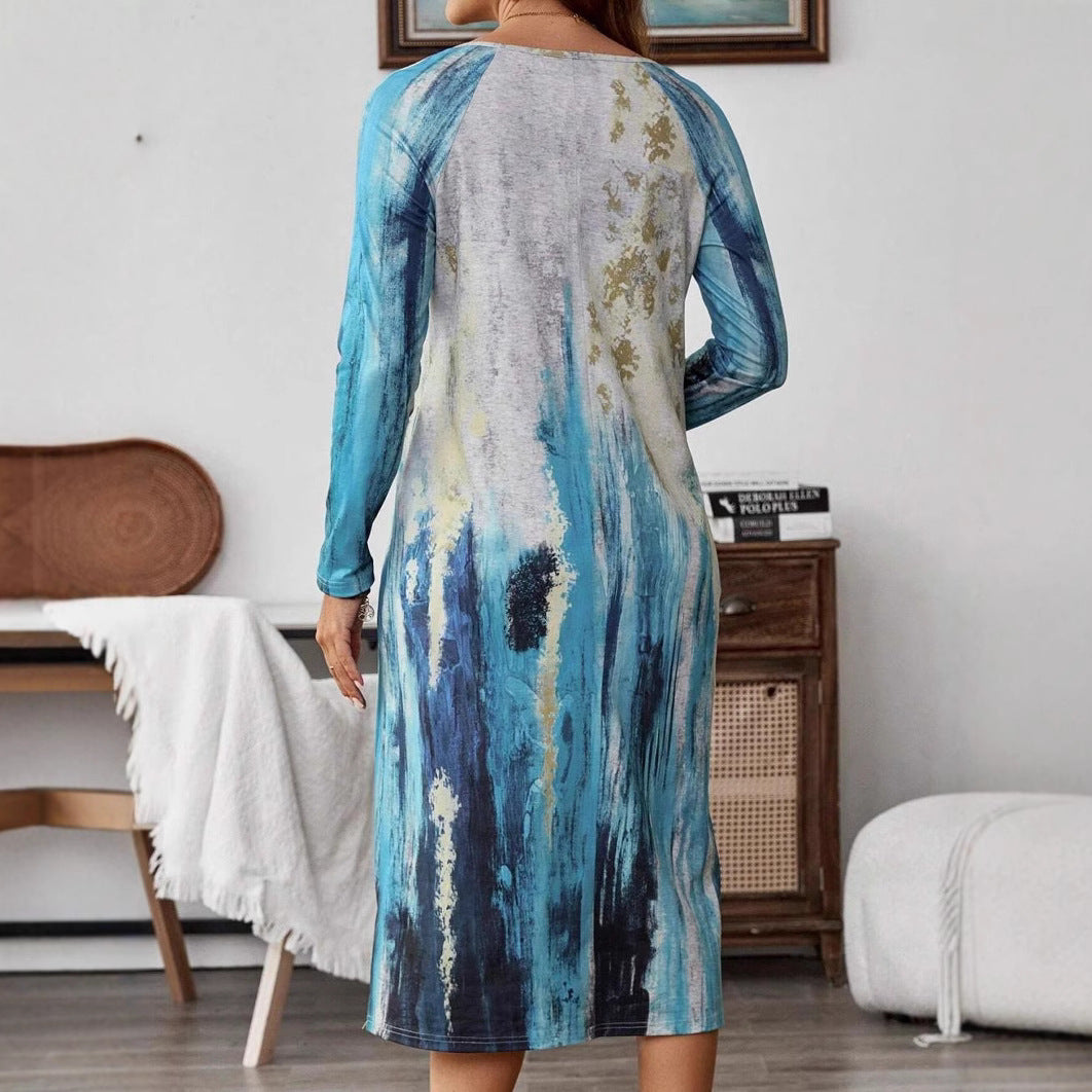 Dame Midi kjole med moderne akvarel design og praktiske sidelommer Stilla
