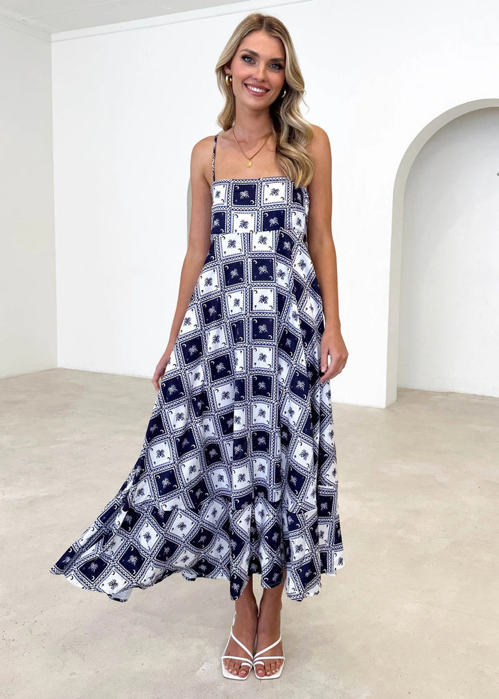 Kvindernes Bohemian Maxi Kjole med Legesyg Print og Luftig Silhouette