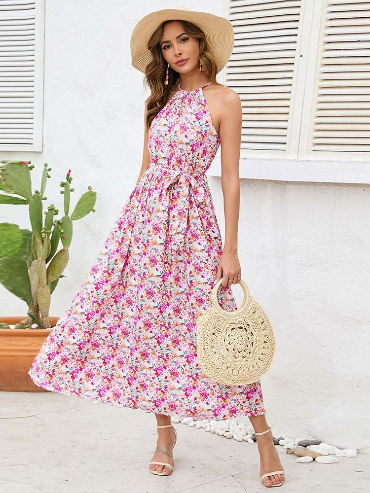 Dame Floral Halter Maxikjole med justerbart taljebånd Stilla