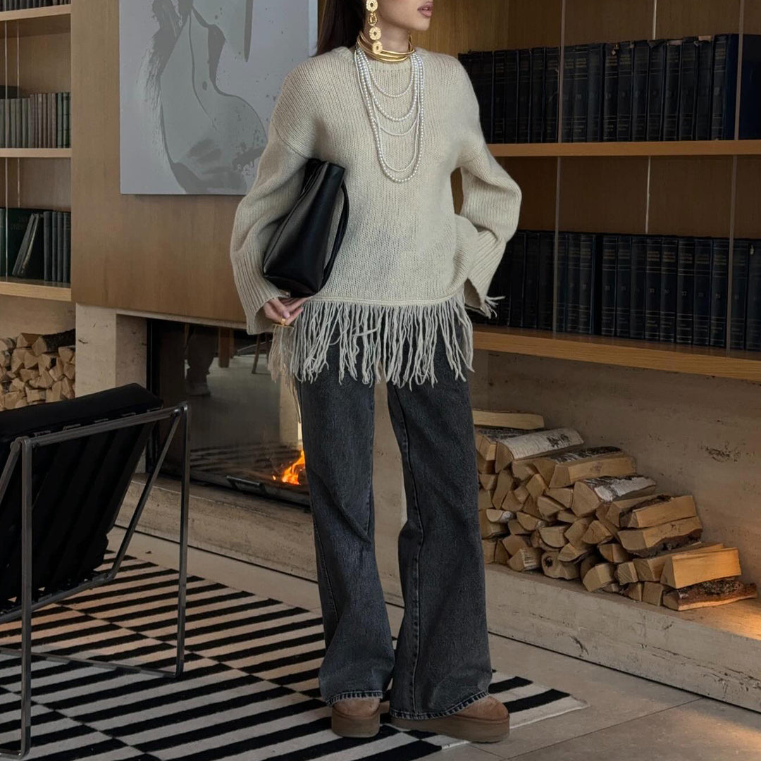 Kvindes Fashionable Strikket Sweater med Frynser Stilla