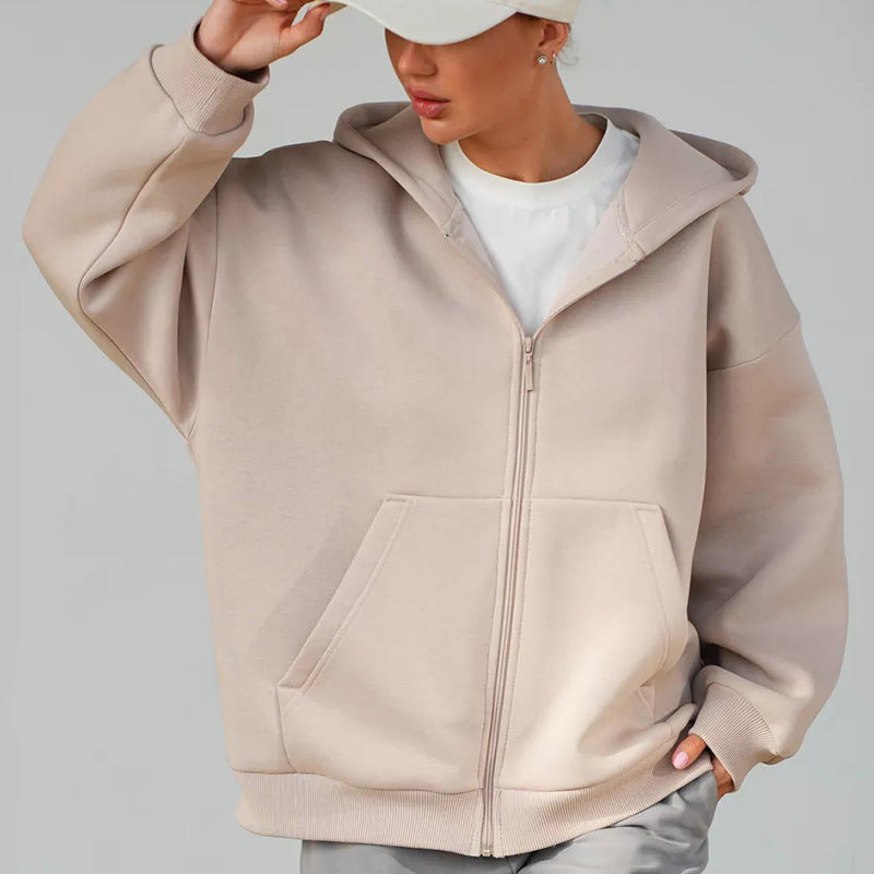 Women's Oversized Hooded Jacket with Zipper and Large Pockets Skovae