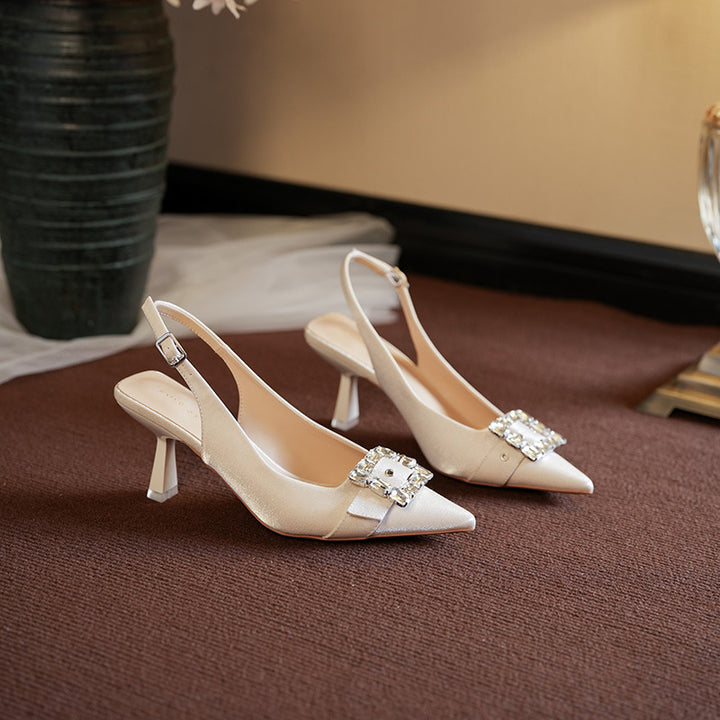 Dame Chic Spids Tå Slingback Hæle med Krystal Spænde Accent Stilla