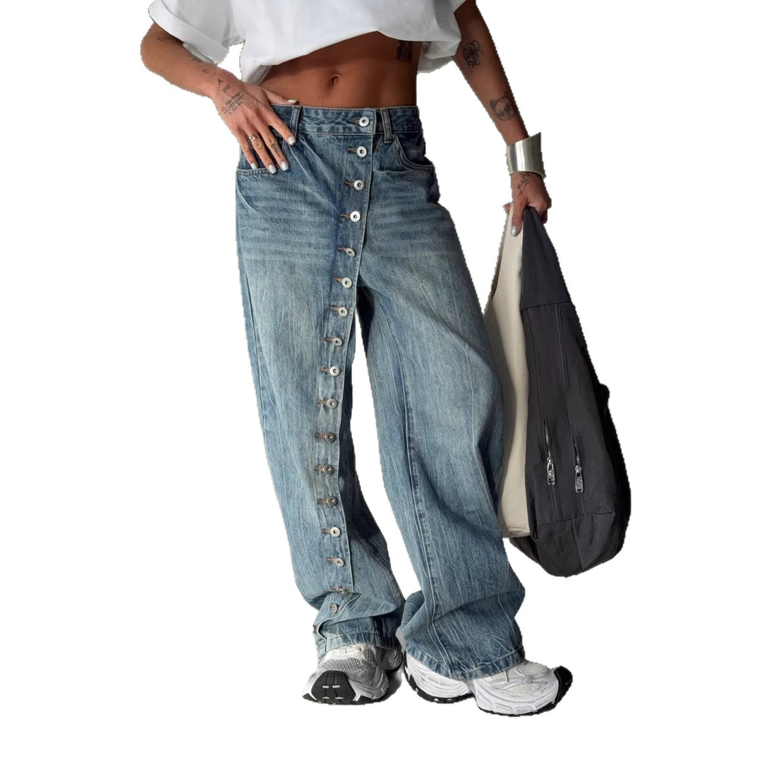 Kvinders bredskårne jeans med en continuér knapstolpe Stilla