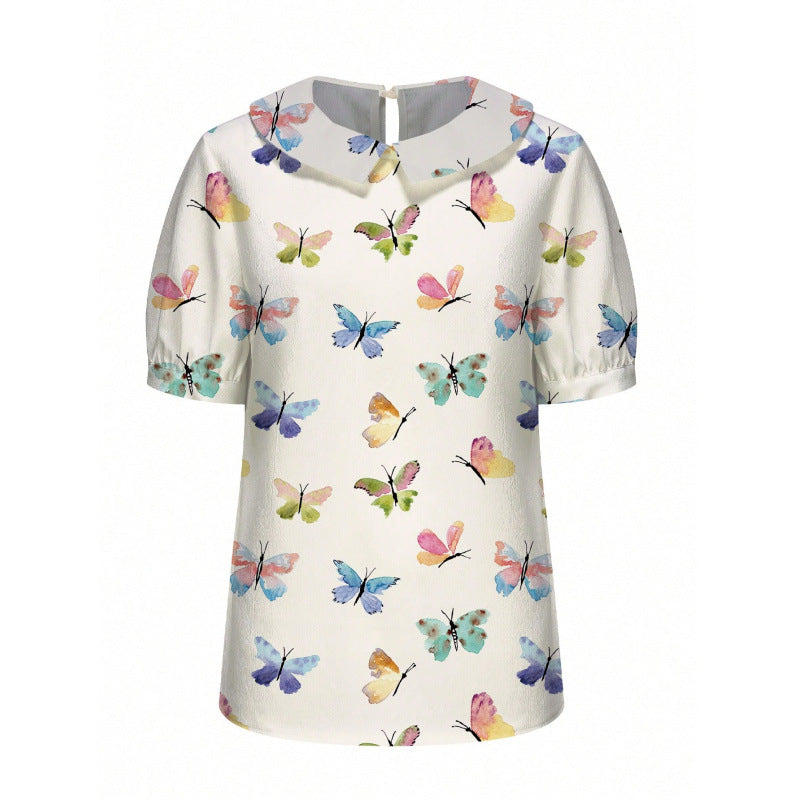 Dame kortærmet bluse med florale accenter og klassisk krave Skovae