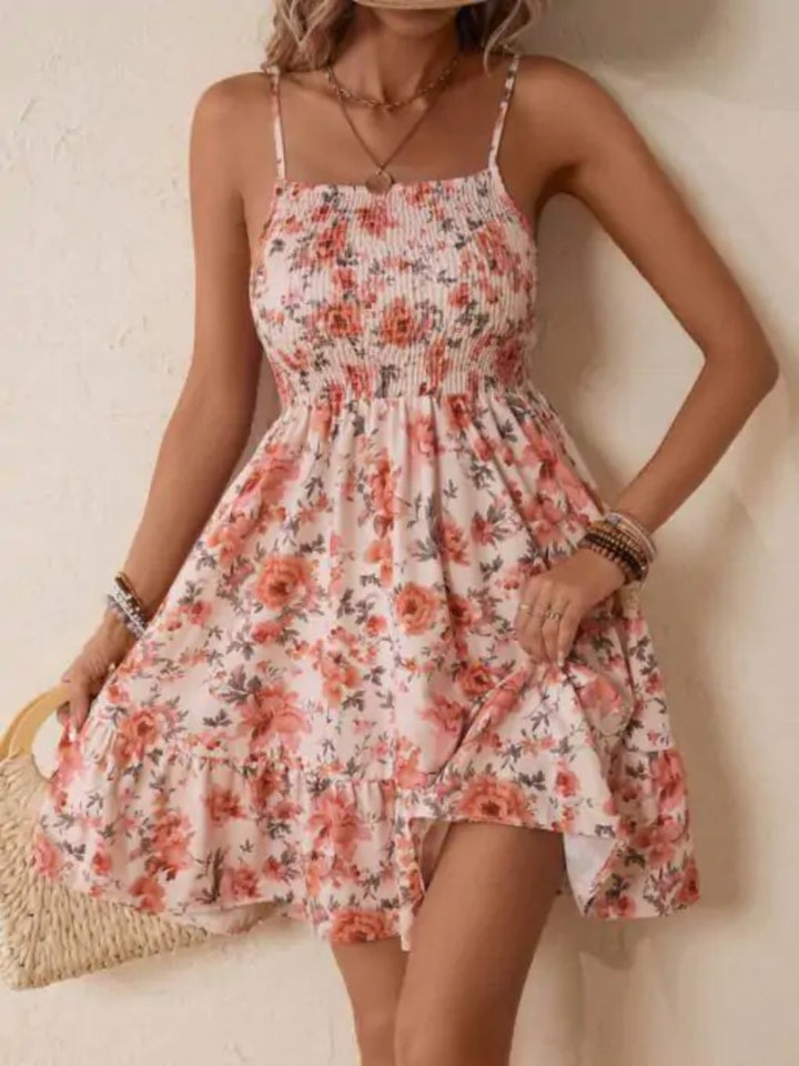 Dame Smocked Floral Sommer Mini Kjole Stilla