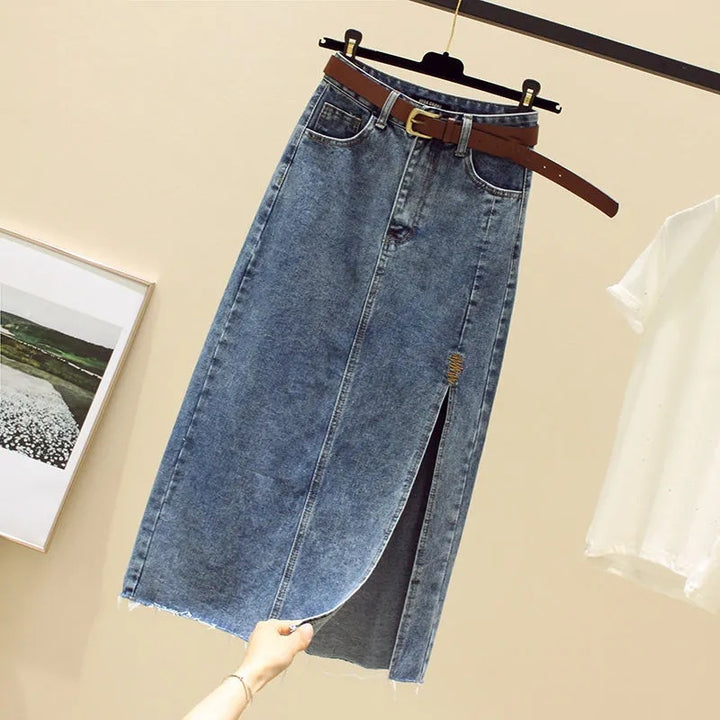 Kvindernes denim maxi nederdel med sideslids Stilla