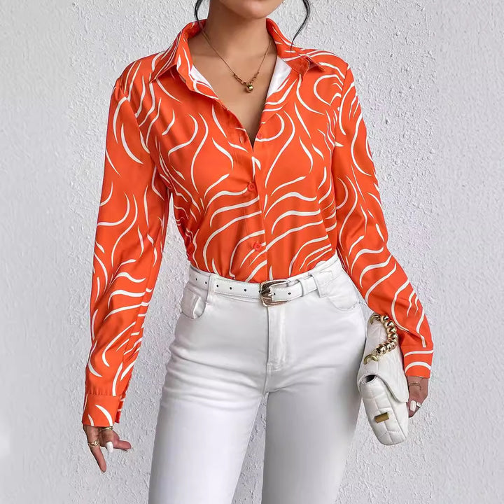 Dame mode top med kreativt bølgemønster og elegant krave Stilla