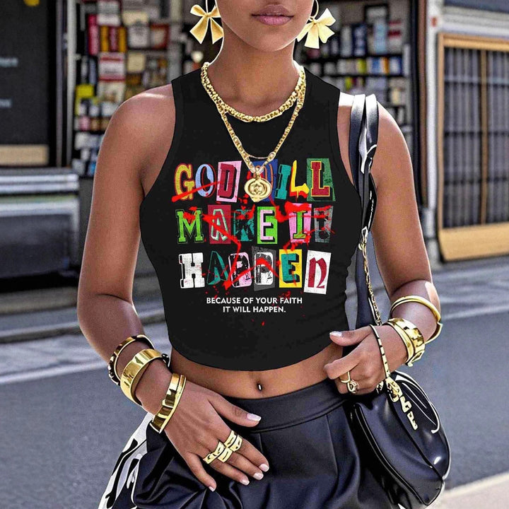 Dame Crop-Top med kreativ tekst og moderne grafisk design Skovae