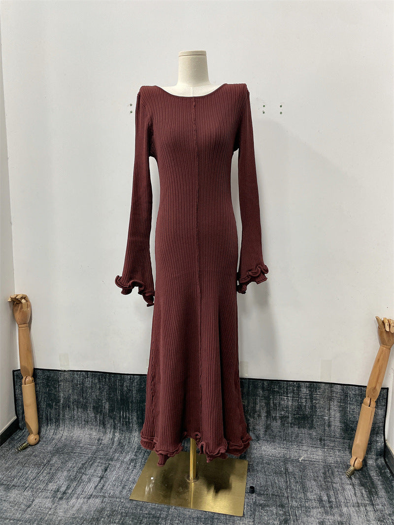 Dame Langærmet Strikkjole med elegante Flæse Detaljer Stilla