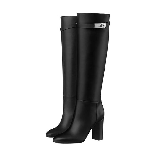 Femme Elegante Lange Læder Stiletto Støvler med Justerbar Spænde-Detail Stilla