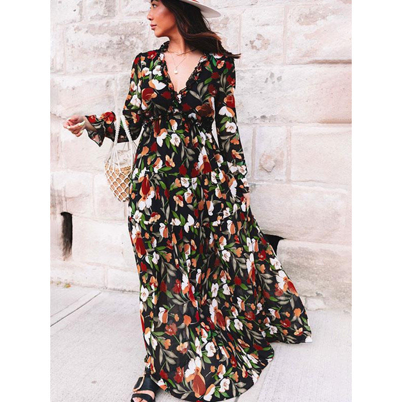 Femme Floral Maxi Kjole med Ruffle ærmer og dyb V-nakke Stilla
